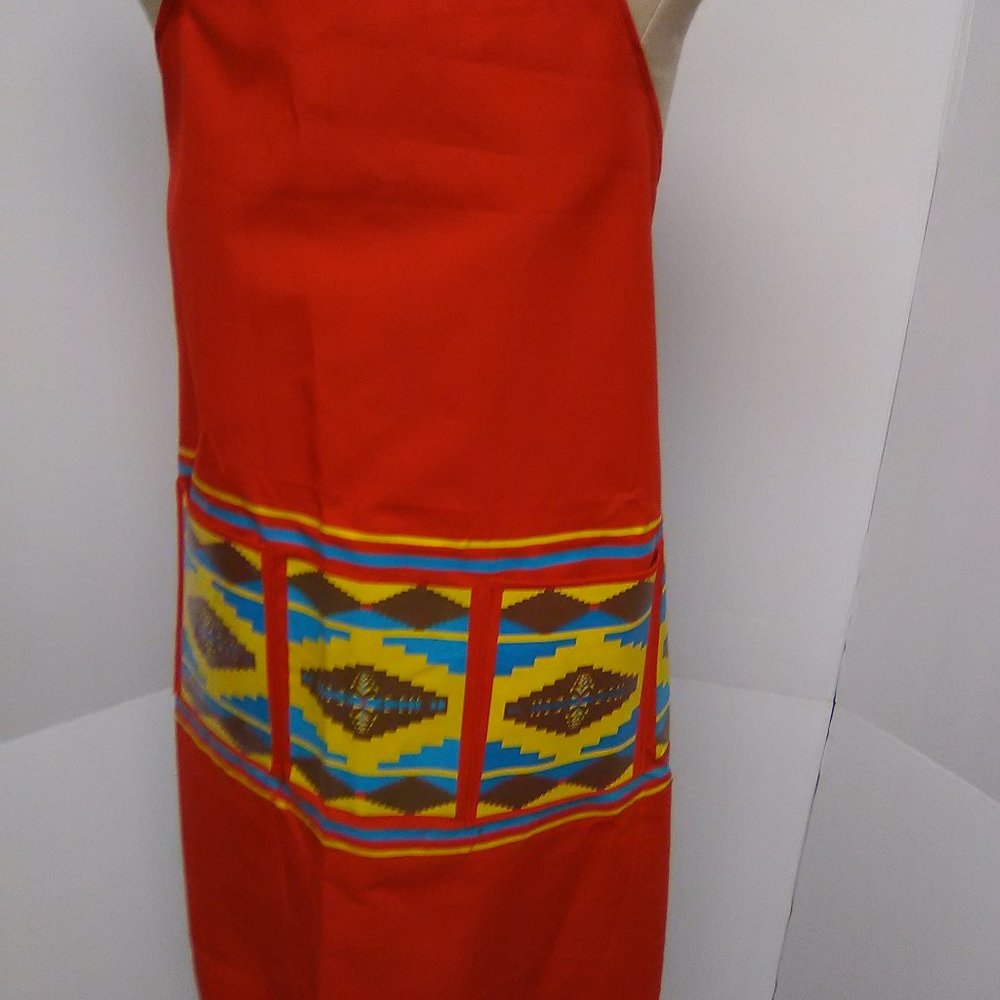 Men's Apron Color Red/with Multicolor Pattern Design NWOT - Picture 2 of 3
